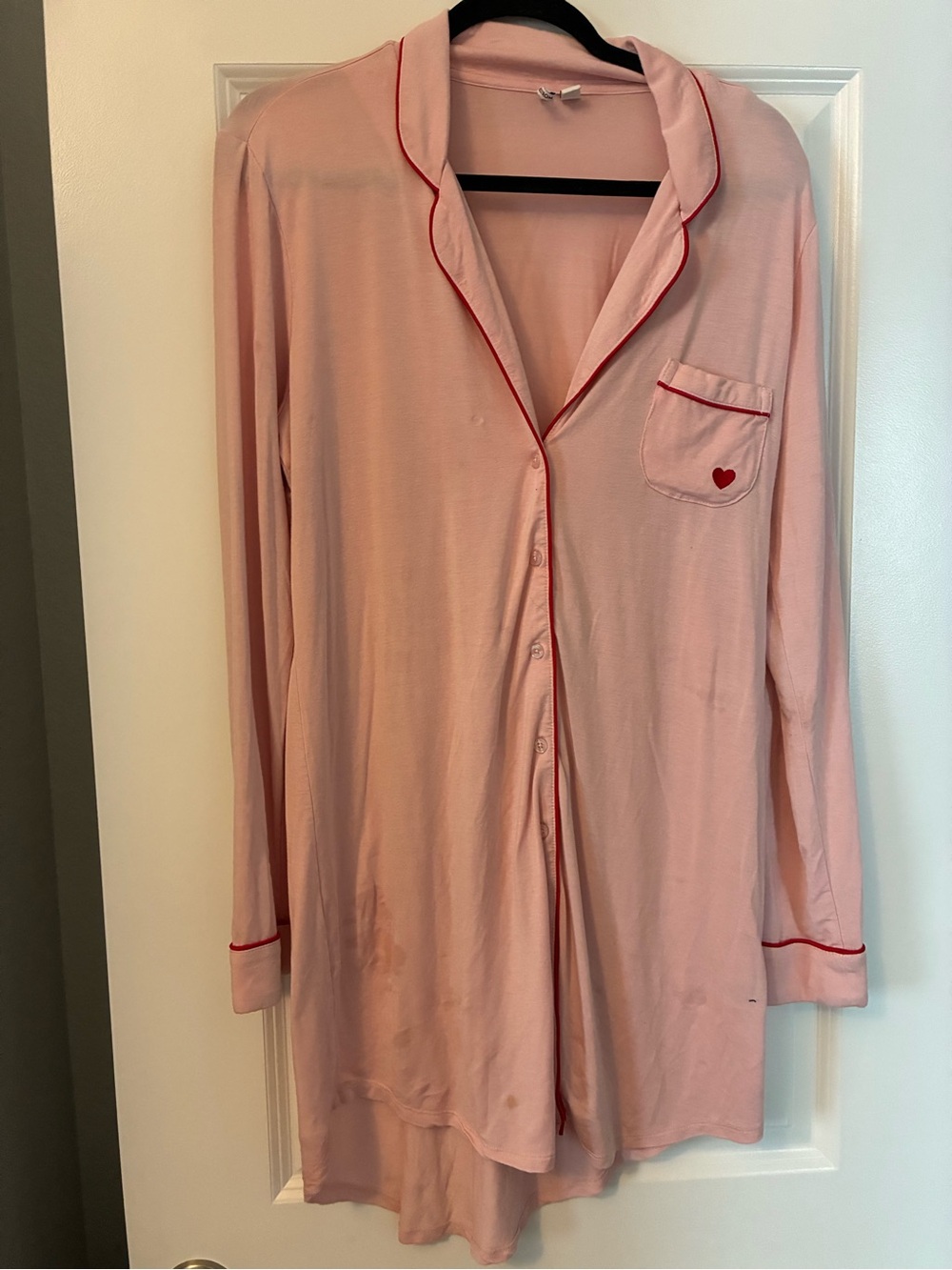 pink long sleeve button up nightgown with red trim #loungewear #cozy